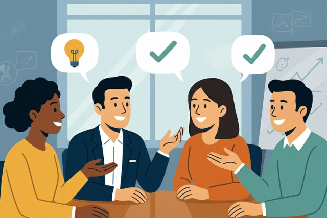 多国籍なチームメンバーが笑顔で和やかに会議をしている様子。心理的安全性が保たれている職場環境を象徴