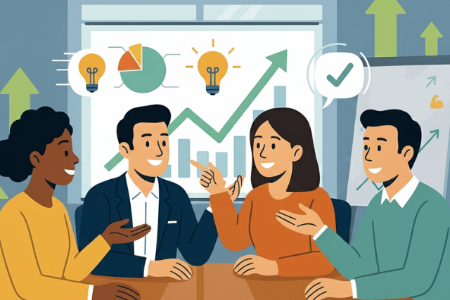 活発に意見交換をするビジネスチーム。心理的安全性がコミュニケーションの活性化と生産性向上につながるイメージ