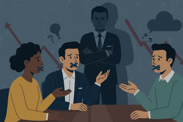 会議で発言をためらい沈黙する社員。心理的安全性が低い職場が抱えるリスクを表現