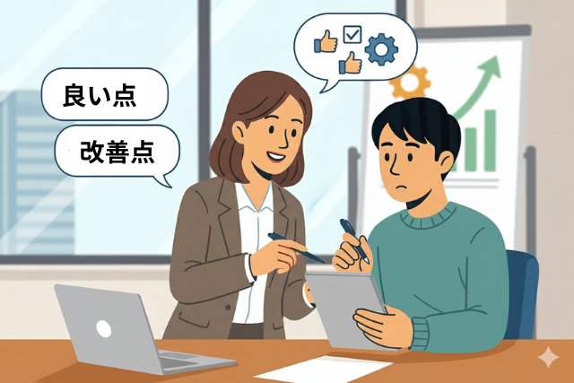 リーダーが部下に資料を見せながら具体的にフィードバックしている様子。効果的なフィードバックのイメージ