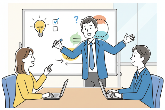 リーダーがチームメンバーの意見に真剣に耳を傾けている様子。リーダーシップと傾聴の重要性