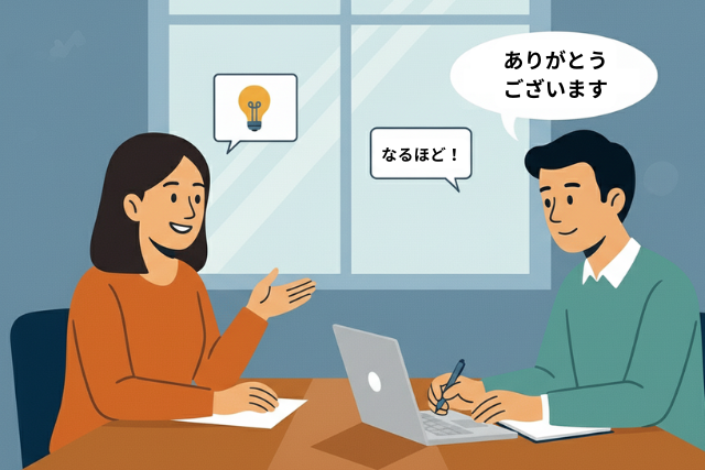 部下がリーダーからのフィードバックを真剣にメモしている様子。建設的なフィードバックの受け止め方