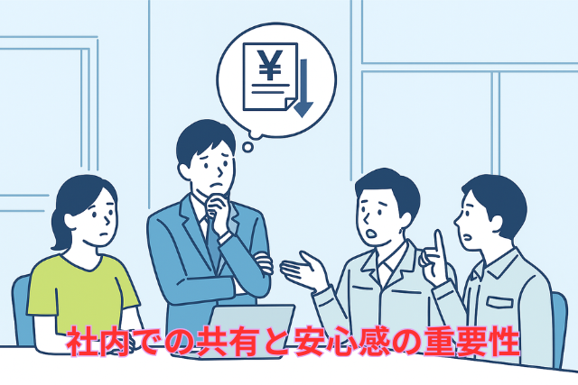 経営者が資金状況を開示し、スタッフが安心する様子