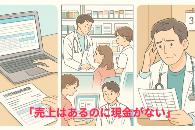 医療機関のキャッシュフローの図。診療報酬の後払いが資金繰りのギャップを生んでいる状況を示す。