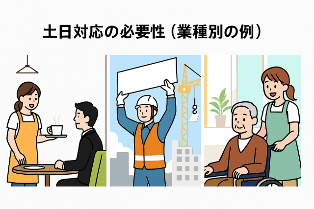 土日対応が必要な業種の例を示すイラスト:飲食店スタッフ、建設作業員、医療関係者が描かれています