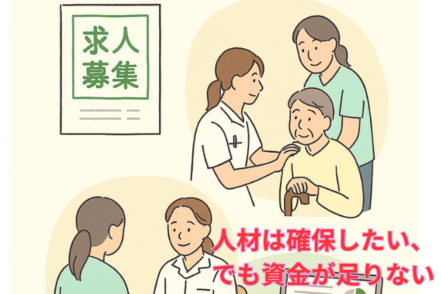慢性的な人手不足の中、人材確保に悩む医療・介護事業者のイメージ図