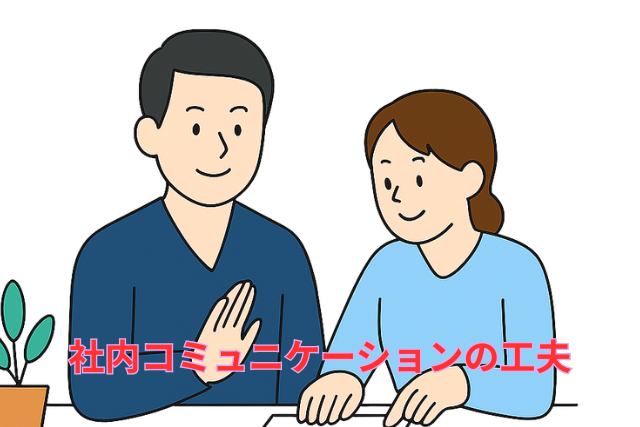 定例ミーティングで業務状況を共有し、コミュニケーションを図る社員のイラスト