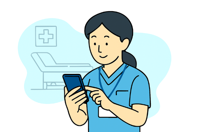 医療従事者がスマートフォンで確認するイラスト