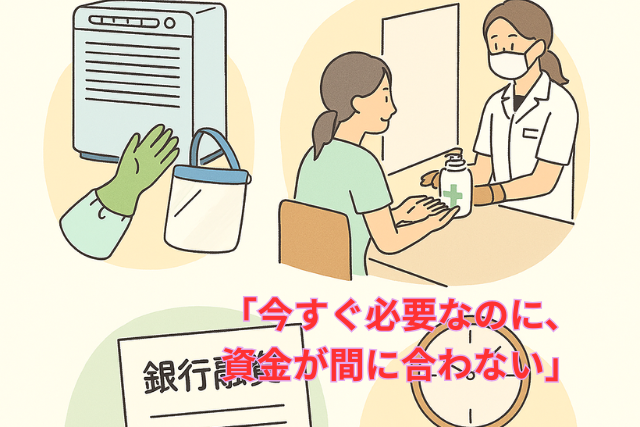 急な設備投資の必要性と、資金調達のスピードが求められる状況を示すビジネスイメージ図