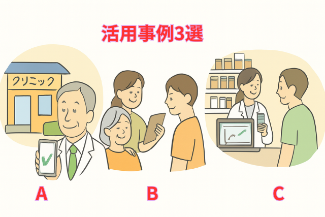 医療、介護、調剤薬局のアイコン。各業界における売掛債権活用の具体的な事例を示す。