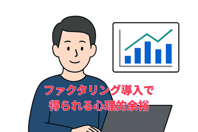 ファクタリングで資金繰りに余裕ができ、安心感を持って働く経営者と社員のイラスト